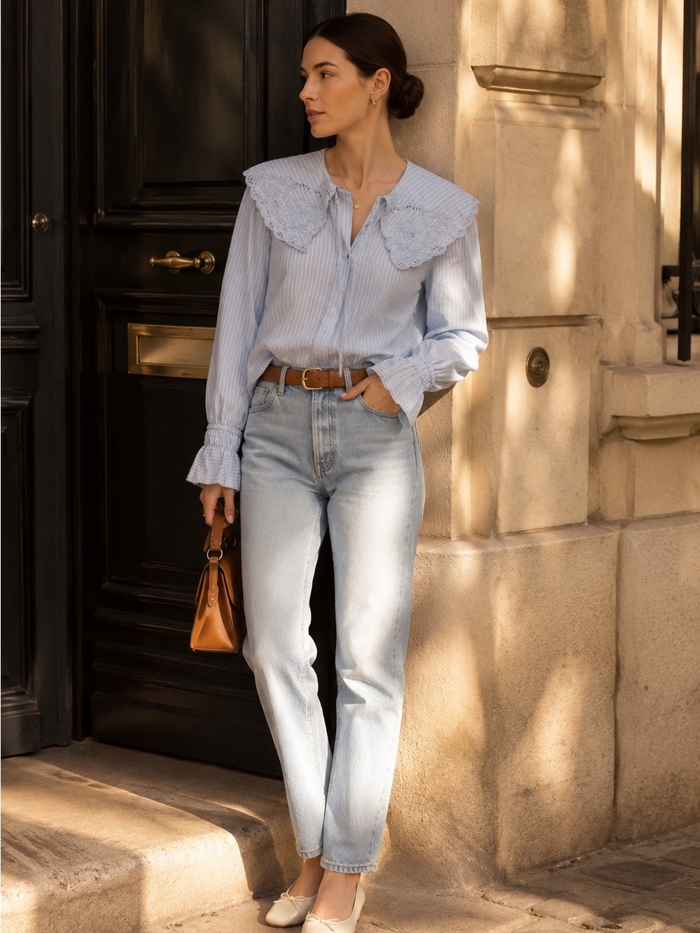 H&M Divided Blue Striped Embroidered Collar Blouse Long Sleeve Romantic Chic